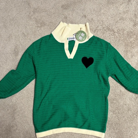 OXKnit Sweaters - Green Knit Sweater with Cream Collar and Hem